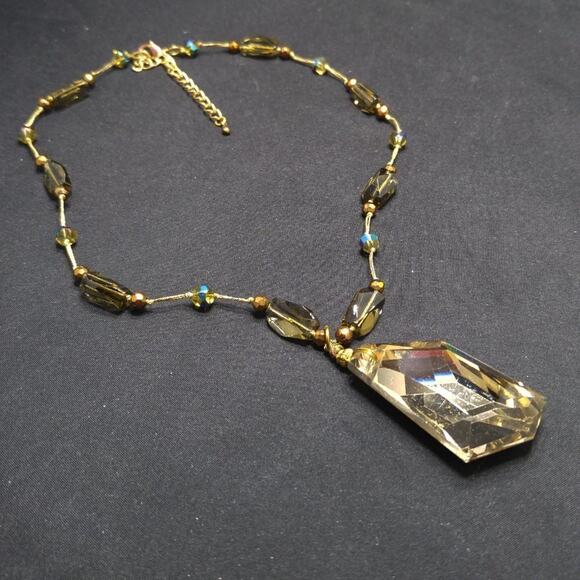 Vintage Smoky Topaz Glass Pendant Necklace Gold Tone Faceted Beads 20 Inch - Picture 4 of 8